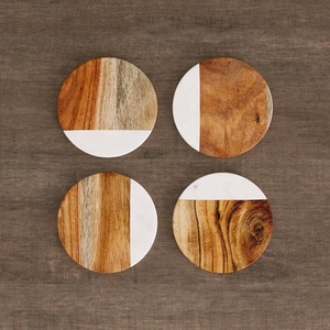Protect <b>Tables</b> and Surfaces Modern Wood Geometric White Black Hexagonal <b>square</b> Round <b>Marble</b> and Acacia Coasters - Product Image 2