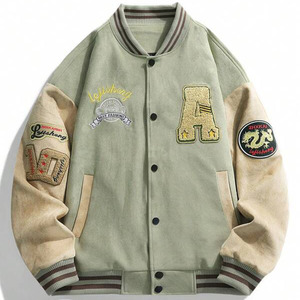College Inspired Baseball <b>Jacket</b> Men Olive Green 100% Cotton Feel Body Beige Sleeves Vintage Varsity Quilted Hooded Winter Wear - Product Image 1