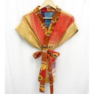 Ladies Vintage Kantha Handwork Luxury Premium Quality Quilted <b>Jacket</b> <b>Short</b> <b>Sleeve</b> V-neck Belt Closure 100% Cotton Fabric - Product Image 2