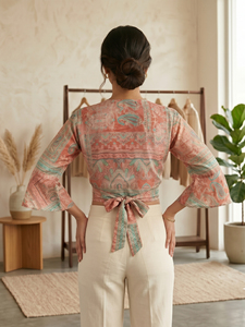 <b>Peach</b> Color Paisley Print Wrap <b>Top</b> V Neck Flared Half Sleeves Tie Up Bohemian Chiffon Crop Blouse Comfortable Women's Wear - Product Image 3