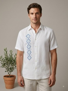 Chemise à manches longues en popeline de coton blanc pour homme avec broderie florale faite à la main, col rabattu, tenue décontractée pour le printemps, respirante - Product Image 3