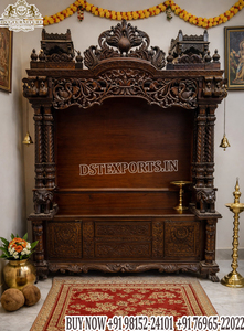 Traditional Swaminarayan Style Teak Wood Temple for Home Premium Gold Finish Hindu Temple Cabinet Intricately Carved Puja <b>Mandir</b> - Product Image 6