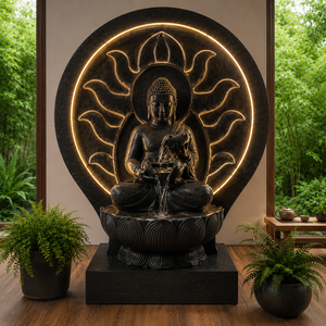 Fontaine d'eau Bouddha haut de gamme avec halo LED rétroéclairé, sur pied, en fibre artisanale, fontaine de méditation intérieure de luxe pour la maison et le temple - Product Image 4