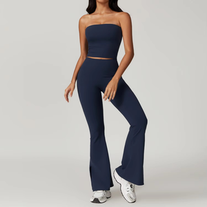 ชุดโยคะผู้หญิงแบบ 2 ชิ้น รุ่นใหม่ล่าสุด เอวสูง โลโก้ด้านหน้า ผลิตจากโพลีเอสเตอร์ 100% แห้งเร็ว ระบายอากาศได้ดี เหมาะสำหรับออกกำลังกาย - Product Image 2