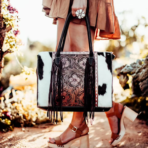 กระเป๋าโท้ทหนังวัวตะวันตกแบบมีพู่ห้อย – กระเป๋าสะพายไหล่สไตล์วินเทจแกะสลักลายด้วยมือสำหรับผู้หญิงสไตล์โบโฮรันช์ - Product Image 1