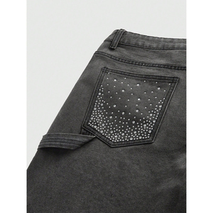 Shorts Bermuda en Denim Noir Taille Haute Personnalisés avec Poches Ornées de Strass, Style Décontracté Streetwear pour Hommes, Tissu 100% Coton, Service OEM - Product Image 5