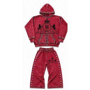 <b>Men</b> <b>Red</b> Acid wash Tracksuit Hooded Full Sleeve 100% Cotton Rhinestone <b>hoodie</b> 450 Gsm Decorated Streetwear Casual Set - Product Image 3