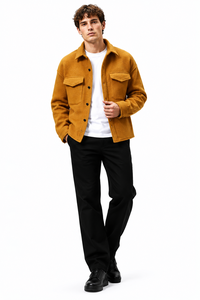 Chaqueta tipo shacket de forro polar color mostaza para hombre, sobrecamisa informal de invierno, chaqueta de forro polar suave y cepillado, ropa exterior premium para hombre. - Product Image 4