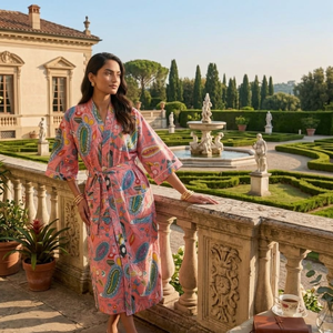 Bata Kimono de Algodón con Estampado Floral Paisley Rosa, Cuello en V, Manga Larga, Bata de Estar por Casa, Bata de Baño, Bata de Spa con Bolsillos - Product Image 4