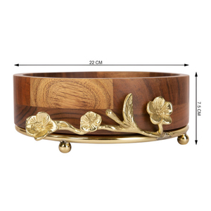Tazón de madera redondo para servir con elegantes detalles florales de metal dorado y patas de bola, perfecto para decoración del hogar y para servir. - Product Image 5