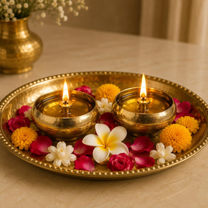 Brass Bowl Nanda Diya Set of 2 Brass Oil Lamps with Decorative Bowl <b>for</b> <b>Pooja</b> Hindu Prayer <b>Home</b> Temple <b>Mandir</b> Diwali Festival - Product Image 5