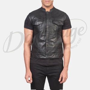 Chaleco de Cuero Genuino Negro Personalizado para Hombre, Corte Ajustado, Sin Cuello, con Cierre de Cremallera, Botones a Presión y Bolsillos en el Pecho - Product Image 6