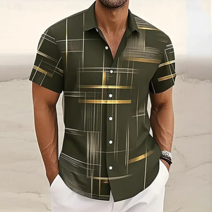 Camisa de hombre con estampado geométrico a cuadros, informal, a la moda, para vacaciones al aire libre, estilo urbano, camisa de manga corta con estampado 3D - Product Image 6