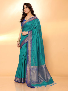 Sari long en soie mélangée bleu à double bordure, avec bordure tissée Zari verte, tenue traditionnelle indienne pour mariage, robe Diwali pour femme, livraison rapide - Product Image 3