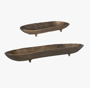 Bandejas decorativas artesanales de latón ranurado, cuencos rústicos industriales con base, cuencos metálicos texturizados con base tipo canoa - Product Image 1