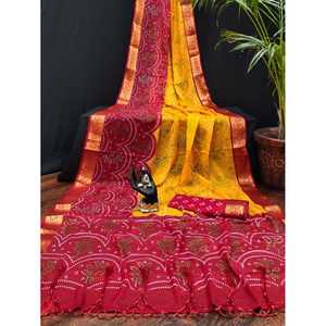 ATRACTIVE GEORGETTE BANDHNI PRINT WORK SAREE CON BLUSA DESCOSADA ROJA - Product Image 1