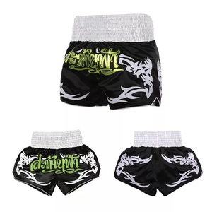 Shorts de Muay Thai pour hommes, noir, blanc, vert, brodés, en satin, sportifs, taille élastique, respirants - Product Image 2
