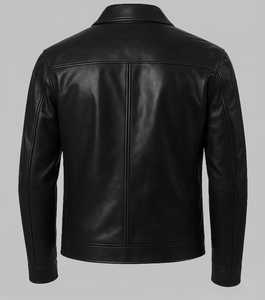 Men's <b>Black</b> Genuine Leather Moto <b>Jacket</b> Turn-down Collar Zipper Closure Regular Fit Autumn Casual - Product Image 2
