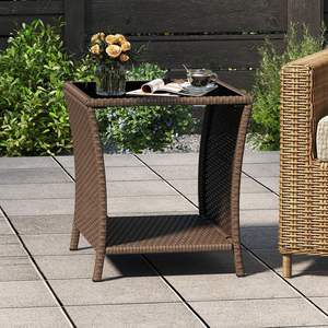 Table de patio extérieure compacte PPL avec plateau en verre trempé et étagère de rangement – Mobilier en osier durable pour balcon ou véranda - Product Image 3
