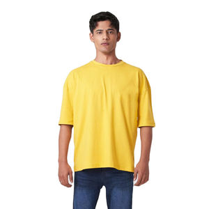 เสื้อยืดคอกลมแขนสั้นสีเหลืองล้วนทรงปกติสำหรับผู้ชาย ผ้าฝ้ายถักน้ำหนัก 220 กรัม แบบคัลเลอร์บล็อก - Product Image 3