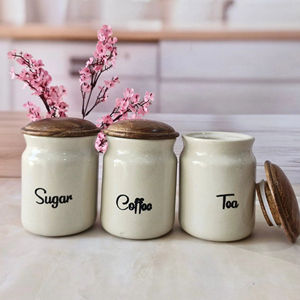 Juego de recipientes de cocina estilo vintage con tapa de madera y soporte, organizador decorativo para encimera, contenedor para té, café y azúcar - Product Image 1
