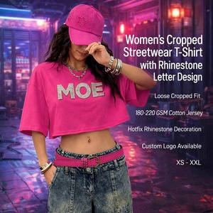 OEM Custom High Quality Black Cotton Rhinestone Boxy Crop Top Drop Shoulder Oversized T Shirt For Women Heavyweight Men's shirts - Product Image 4