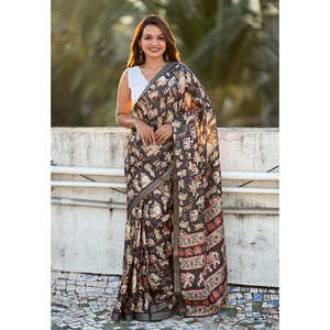 Robes de soirée Elite Weaves en soie Tussar noire avec bordure tissée Zari et motif imprimé - Product Image 1