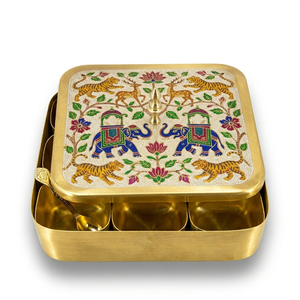 Handcrafted Brass <b>Masala</b> <b>Box</b> with Animal Meenakari Art Decorative Spice Storage Container for Kitchen Dining Table Gift Use - Product Image 1