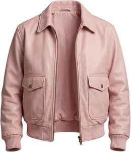 <b>Pink</b> Leather Bomber <b>Jacket</b> Turn-down Collar Zipper Closure Casual Solid Color Autumn Wear Unisex Regular Fit - Product Image 4