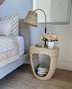 Handcrafted Rattan <b>Side</b> <b>Table</b> Natural Wicker Accent Furniture Sculptural Round End <b>Table</b> With Open <b>Storage</b> For Modern Home - Product Image 5