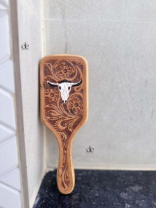 Latest Collection Handmade Hand Tooled Leather Wooden Hair Brush Floral Carving Minimalist Modern Design Rectangle Shape - Product Image 4