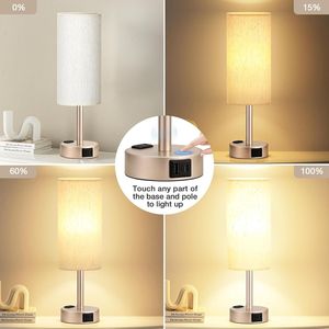 3 Way Dimmable Gold Base <b>Bedside</b> <b>Table</b> Lamp for Bedroom USB C Charging Ports AC Outlet Small Lamp with Flaxe Design - Product Image 3