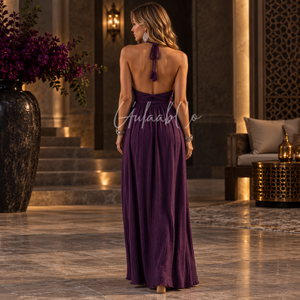 Plum <b>Purple</b> <b>Halter</b> <b>Neck</b> Maxi <b>Dress</b> Adjustable Waist Tie Soft Textured Fabric Side Slit Flowy Summer Beach Evening Partywear Gown - Product Image 4