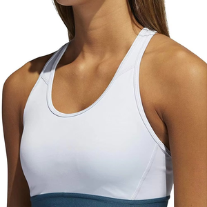 Women's White Yoga Sports <b>Bra</b> With <b>Blue</b> Contrast Band Scoop Neck Racerback Medium Support Breathable Seamless Design - Product Image 5