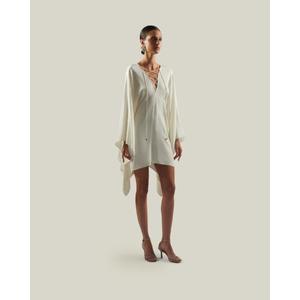 Robe en viscose blanche faite à la main, col en V croisé, manches longues, à nouer, longueur au-dessus du genou, tenue de soirée d'été, prix de gros - Product Image 1