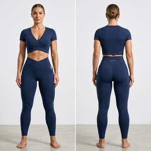 Womens Navy Blue <b>Wrap</b> Front Yoga Set Short Sleeve Crop Top High Waist Leggings Fitness Gym Workout Activewear Two Piece - Product Image 3