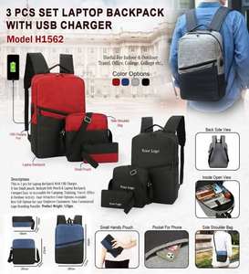 Sac de voyage pour le bureau et l'université, ensemble de 3 pièces, sac à dos pour ordinateur portable avec chargeur USB, combo avec sac à bandoulière et pochette - Product Image 3
