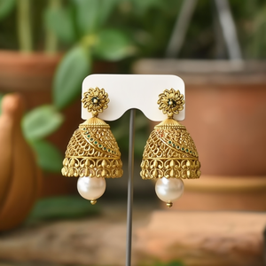 Gold Plated Pearl Drop Earrings-Trendy Vintage Floral Jhumkis for Party & Gift - Product Image 3