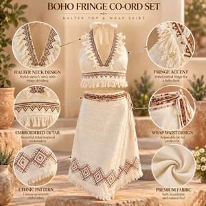 Embroidered Halter Two Piece Set <b>Fringe</b> <b>Crop</b> <b>Top</b> Wrap Skirt Ethnic Tribal Print Beach Resort Holiday Vacation Summer Outfit set - Product Image 5