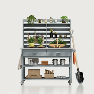 Isola Cucina da Esterno in Legno Massello con Ripiano Superiore e Ruote Bloccabili, 165 cm di Altezza, Banco da Giardinaggio con Vano Portaoggetti in Acciaio Inossidabile - Product Image 5