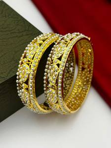 Bhargavi Luxury Indian Handcrafted Rhodium Plated Jadau Pearl <b>Bangles</b> <b>Set</b> | Bridal Wedding Jewelry Ethnic Fashion Bracelet - Product Image 3