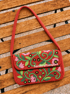 Wholesale Handmade <b>Red</b> Beaded Floral Shoulder Bag, Colorful Flower, Magnetic Snap Closure Durable Lightweight Eco-Friendly - Product Image 1