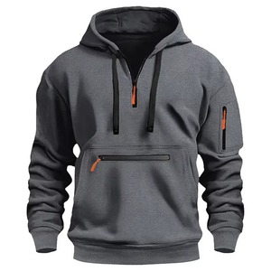Sweat à capuche zippé pour homme, bleu marine, coupe classique, en molleton bouclette respirant, décontracté, avec poche avant et fermeture éclair orange - Product Image 4
