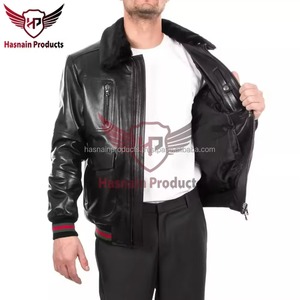 <b>Mens</b> Real Black <b>Leather</b> Bomber <b>Jacket</b> Fur Collar Striped Rib Hem Zip Chest Pockets Sheepskin Aviator Flight Coat Custom Outwear - Product Image 3
