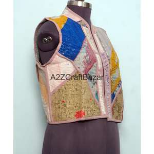 Chaleco Kantha Hecho a Mano 100% Algodón Puro para Mujer, Estampado Floral, Sin Tejido, para Primavera/Otoño, con Mangas Cortas - Product Image 4