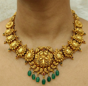 22K Solid Gold Temple Necklace <b>Set</b> | Traditional <b>Indian</b> Bridal <b>Jewellery</b> | Antique Finish Handcrafted Gold Haram - Product Image 1