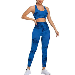 Conjunto de yoga para mujer 2026 de color liso a rayas, lavado, talla grande, con leggings sin costuras de cintura media, sujetador con cinturón y encaje - Product Image 1