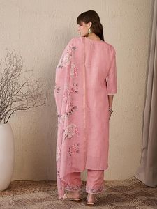 Women's <b>Linen</b> Embroidered Straight Kurta and Pant with Dupatta Set - Product Image 4