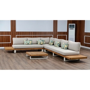 Contemporary <b>Outdoor</b> Teak Wood <b>Garden</b> Sofa Set with Aluminum Frame and Gray <b>Cushions</b> for Patio Use - Product Image 4
