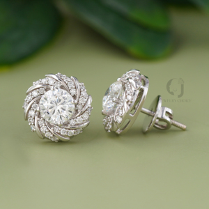 Vintage Floral Lab Diamond Cluster Earrings 14K White Gold Round Cut Swirl Halo Statement <b>Studs</b> Secure Screw Back for Her - Product Image 2